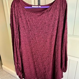 Susan Graver Plus Size Maroon Lace Tunic w/ Ruched Sleeves 3X